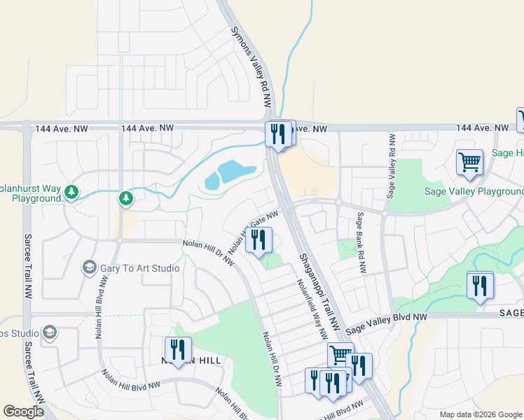 map of restaurants, bars, coffee shops, grocery stores, and more near 38 Nolan Hill Gate Northwest in Calgary