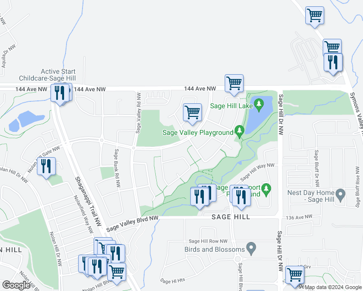 map of restaurants, bars, coffee shops, grocery stores, and more near 172 Sage Valley Drive Northwest in Calgary