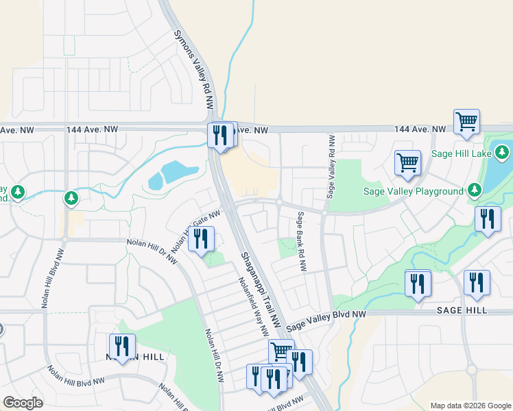 map of restaurants, bars, coffee shops, grocery stores, and more near 450 Sage Valley Drive in Calgary