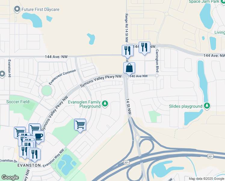 map of restaurants, bars, coffee shops, grocery stores, and more near 309 Evansglen Drive Northwest in Calgary