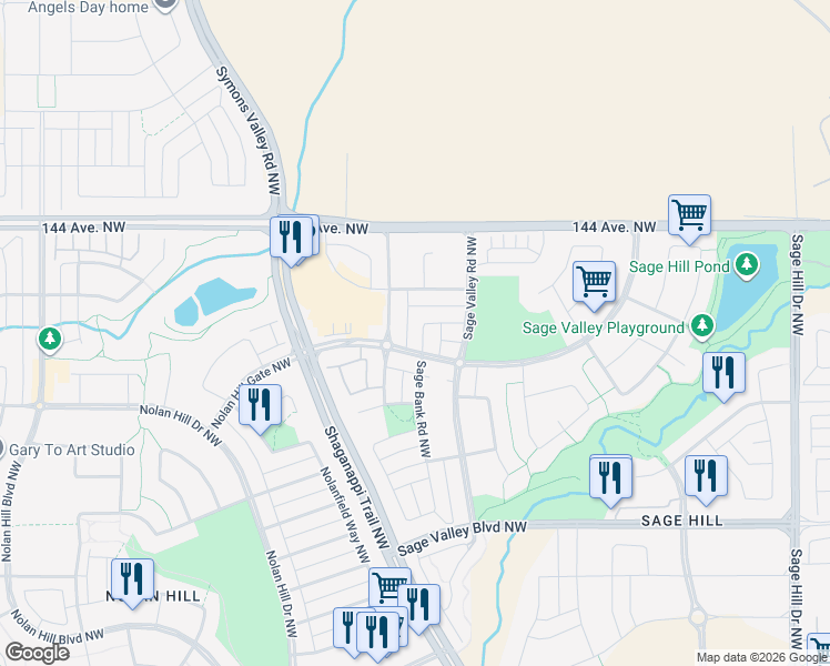 map of restaurants, bars, coffee shops, grocery stores, and more near 324 Sage Valley Drive Northwest in Calgary