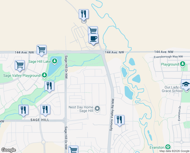 map of restaurants, bars, coffee shops, grocery stores, and more near Sage Bluff Boulevard Northwest in Calgary