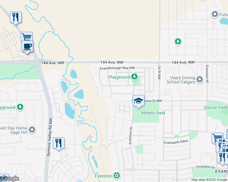 map of restaurants, bars, coffee shops, grocery stores, and more near 64 Evansborough Green Northwest in Calgary