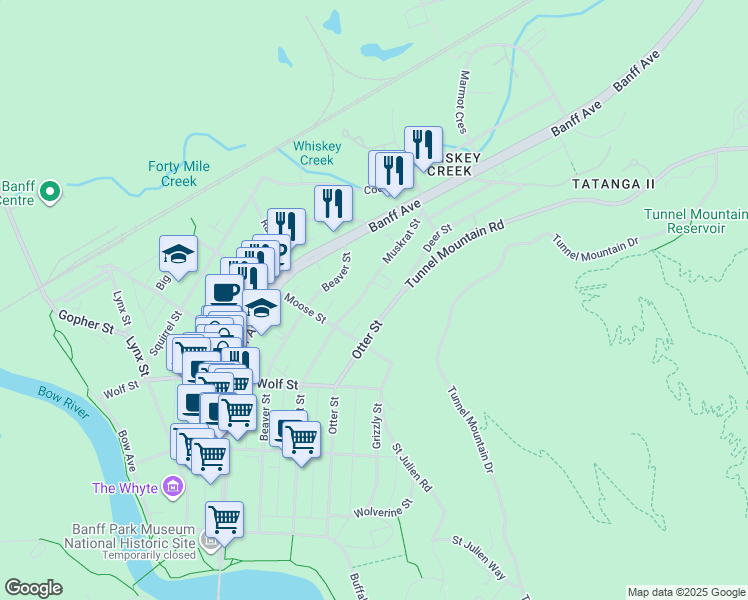 map of restaurants, bars, coffee shops, grocery stores, and more near 416 Muskrat Street in Banff