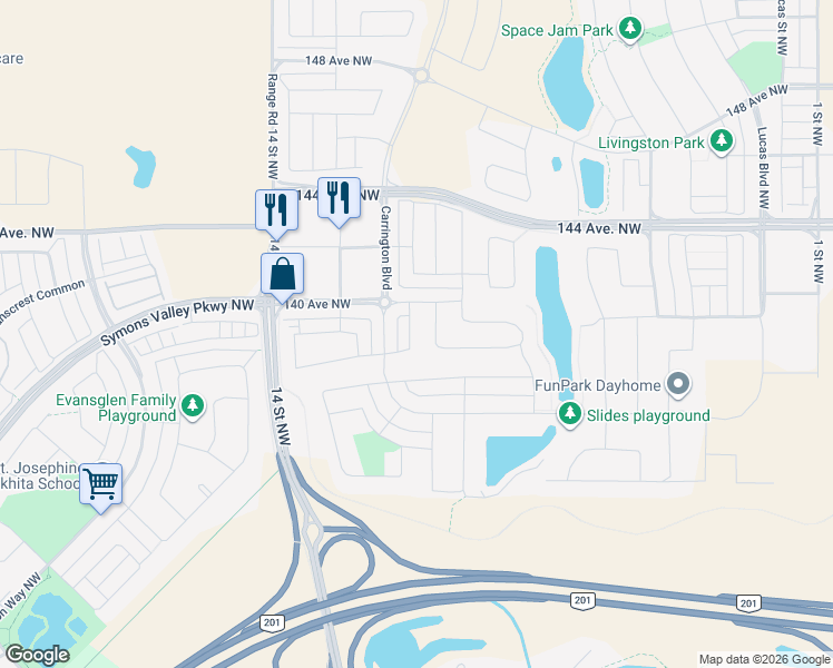 map of restaurants, bars, coffee shops, grocery stores, and more near 47 Carrington Crescent Northwest in Calgary