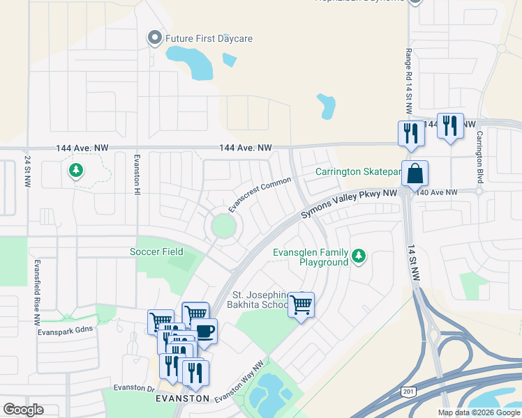 map of restaurants, bars, coffee shops, grocery stores, and more near Evanscrest Terrace Northwest in Calgary