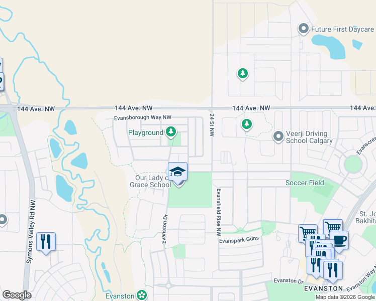 map of restaurants, bars, coffee shops, grocery stores, and more near 527 Evansborough Way Northwest in Calgary