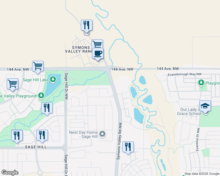 map of restaurants, bars, coffee shops, grocery stores, and more near 123 Sage Bluff Green Northwest in Calgary