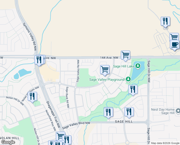 map of restaurants, bars, coffee shops, grocery stores, and more near 27 Sage Valley Court Northwest in Calgary