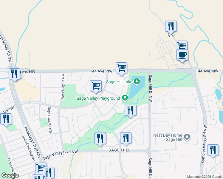 map of restaurants, bars, coffee shops, grocery stores, and more near 14 Sage Valley Close Northwest in Calgary