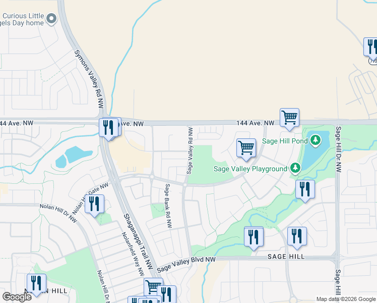 map of restaurants, bars, coffee shops, grocery stores, and more near Sage Valley Road Northwest in Calgary