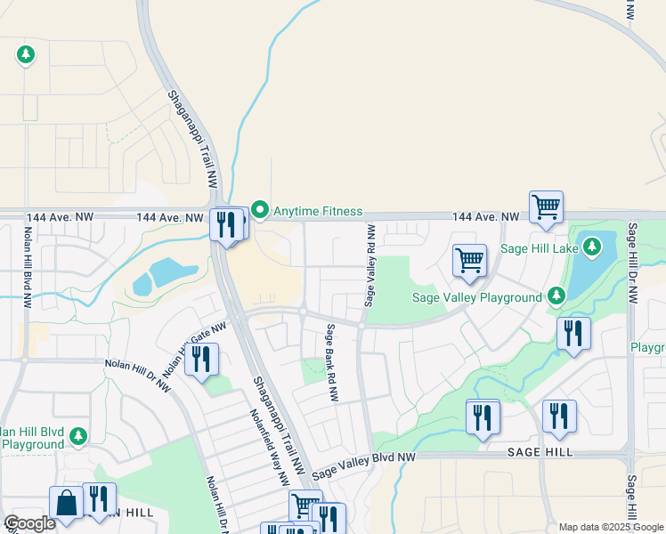 map of restaurants, bars, coffee shops, grocery stores, and more near Sage Berry Link Northwest in Calgary
