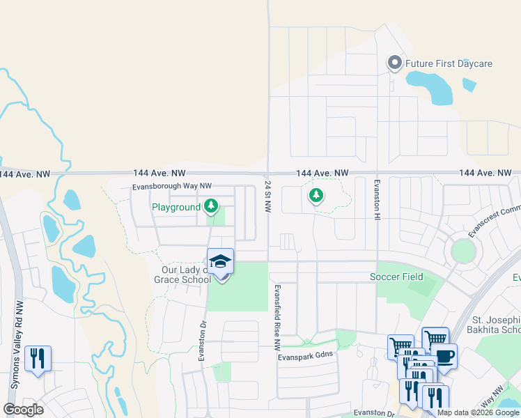 map of restaurants, bars, coffee shops, grocery stores, and more near 122 Evansborough Crescent Northwest in Calgary