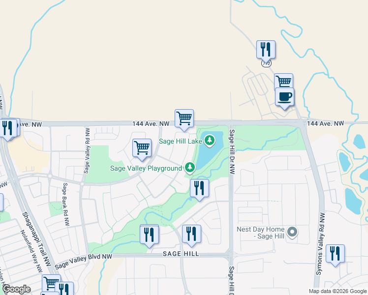 map of restaurants, bars, coffee shops, grocery stores, and more near 165 Sage Valley Close Northwest in Calgary
