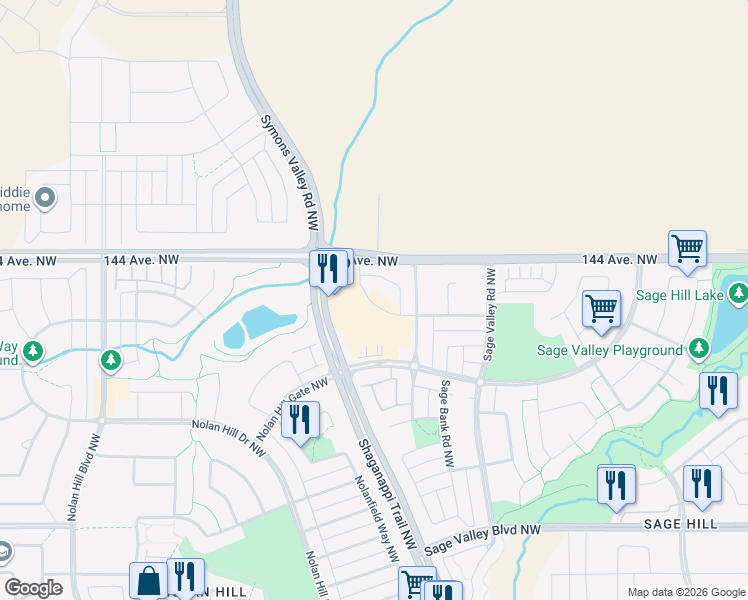 map of restaurants, bars, coffee shops, grocery stores, and more near 455 Sage Valley Drive Northwest in Calgary