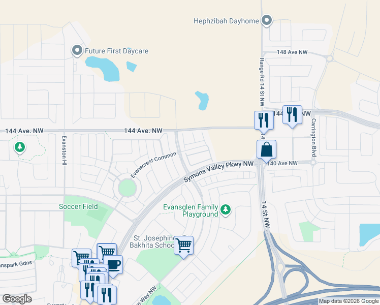 map of restaurants, bars, coffee shops, grocery stores, and more near 19 Evanscrest Court Northwest in Calgary