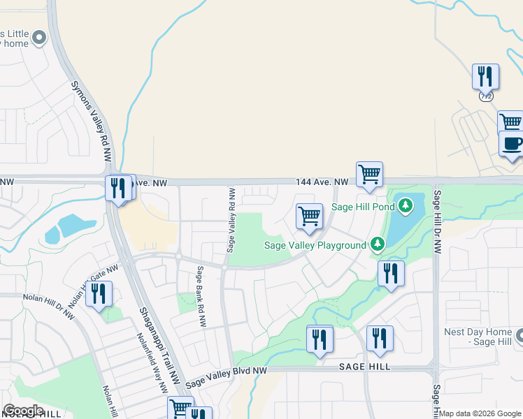 map of restaurants, bars, coffee shops, grocery stores, and more near 27 Sage Valley Court Northwest in Calgary