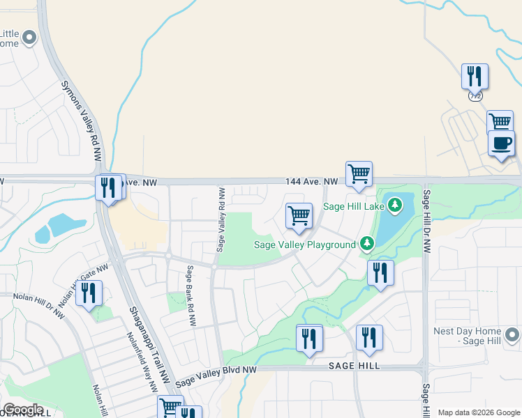 map of restaurants, bars, coffee shops, grocery stores, and more near 27 Sage Valley Court Northwest in Calgary