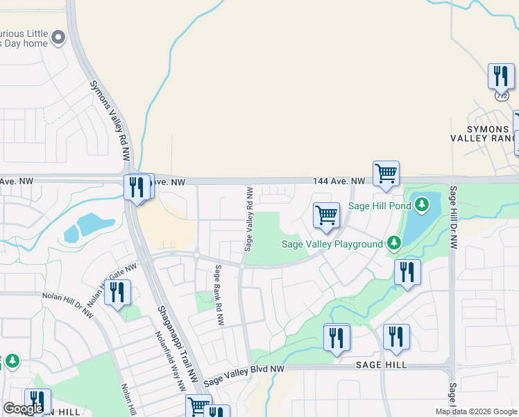 map of restaurants, bars, coffee shops, grocery stores, and more near 250 Sage Valley Road Northwest in Calgary