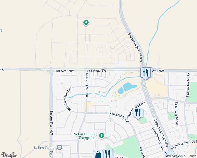map of restaurants, bars, coffee shops, grocery stores, and more near Nolan Lake View Northwest in Calgary