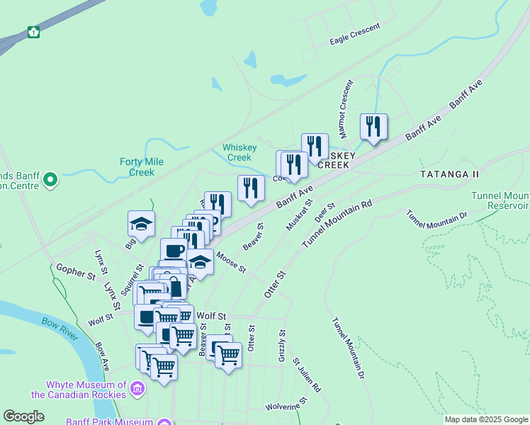 map of restaurants, bars, coffee shops, grocery stores, and more near Banff Avenue in Banff