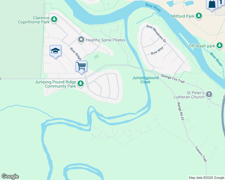 map of restaurants, bars, coffee shops, grocery stores, and more near 27 Jumping Pound Rise in Cochrane