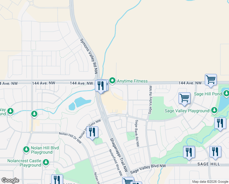 map of restaurants, bars, coffee shops, grocery stores, and more near 4949 144 Avenue Northwest in Calgary