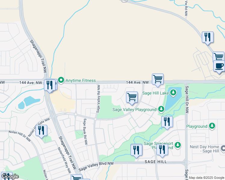 map of restaurants, bars, coffee shops, grocery stores, and more near 250 Sage Valley Road Northwest in Calgary
