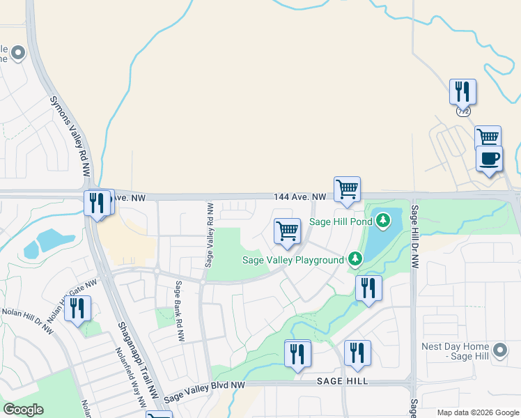 map of restaurants, bars, coffee shops, grocery stores, and more near 99 Sage Valley Circle Northwest in Calgary