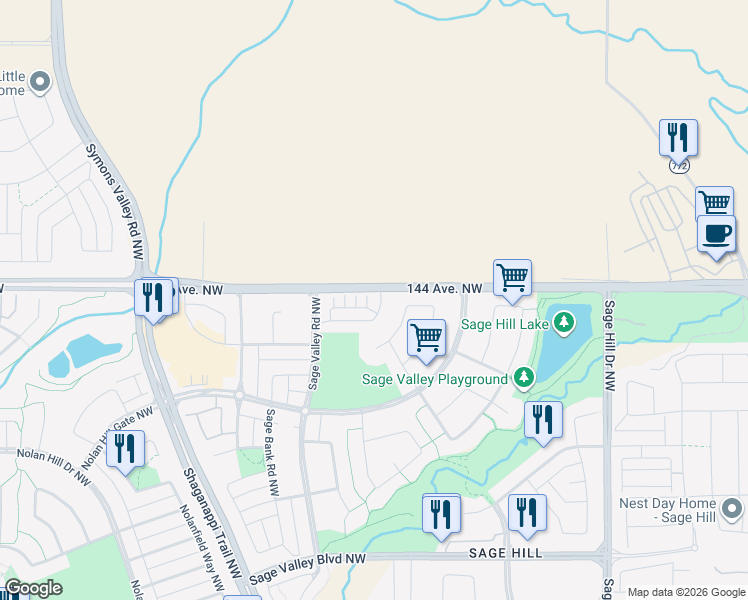 map of restaurants, bars, coffee shops, grocery stores, and more near 250 Sage Valley Road Northwest in Calgary