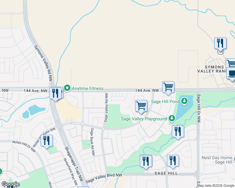 map of restaurants, bars, coffee shops, grocery stores, and more near 250 Sage Valley Road Northwest in Calgary