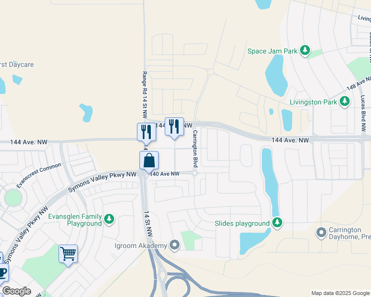 map of restaurants, bars, coffee shops, grocery stores, and more near Carrington Pz NW in Calgary