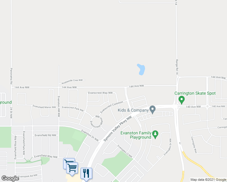 map of restaurants, bars, coffee shops, grocery stores, and more near 71 Evanscrest Way Northwest in Calgary