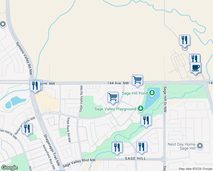 map of restaurants, bars, coffee shops, grocery stores, and more near 99 Sage Valley Circle Northwest in Calgary