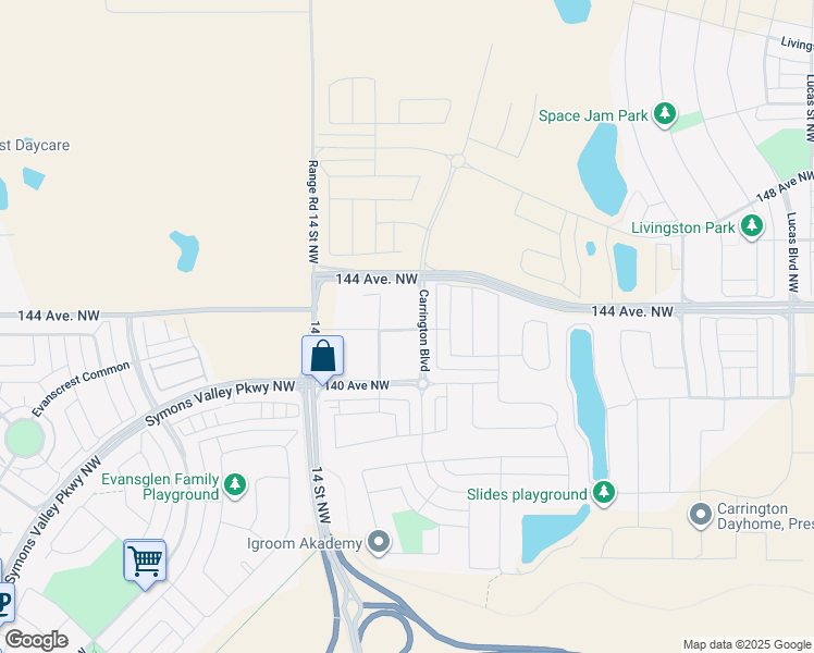 map of restaurants, bars, coffee shops, grocery stores, and more near Carrington Pz NW in Calgary