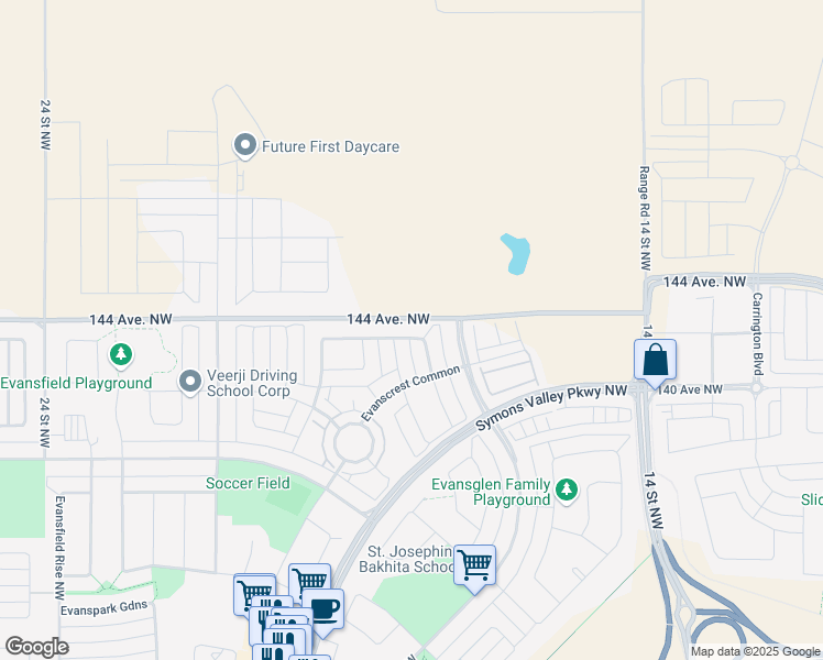 map of restaurants, bars, coffee shops, grocery stores, and more near 71 Evanscrest Way Northwest in Calgary