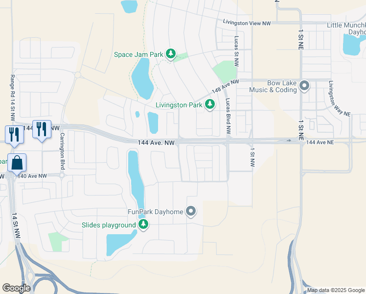 map of restaurants, bars, coffee shops, grocery stores, and more near 19 Carringvue Drive Northwest in Calgary