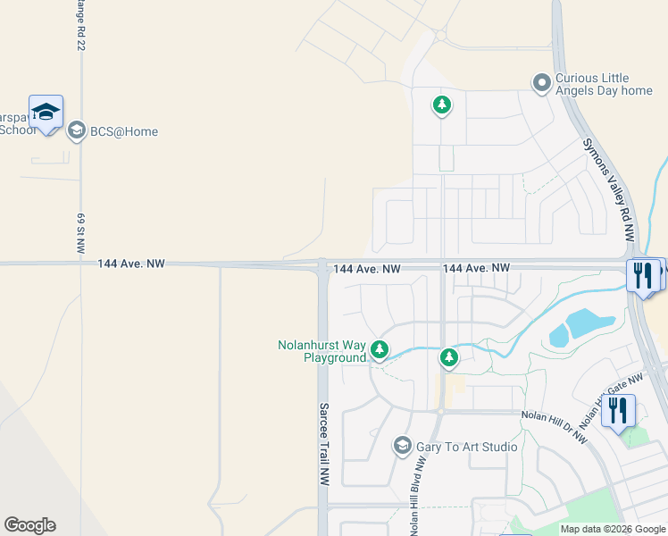 map of restaurants, bars, coffee shops, grocery stores, and more near 6473 144 Avenue Northwest in Calgary