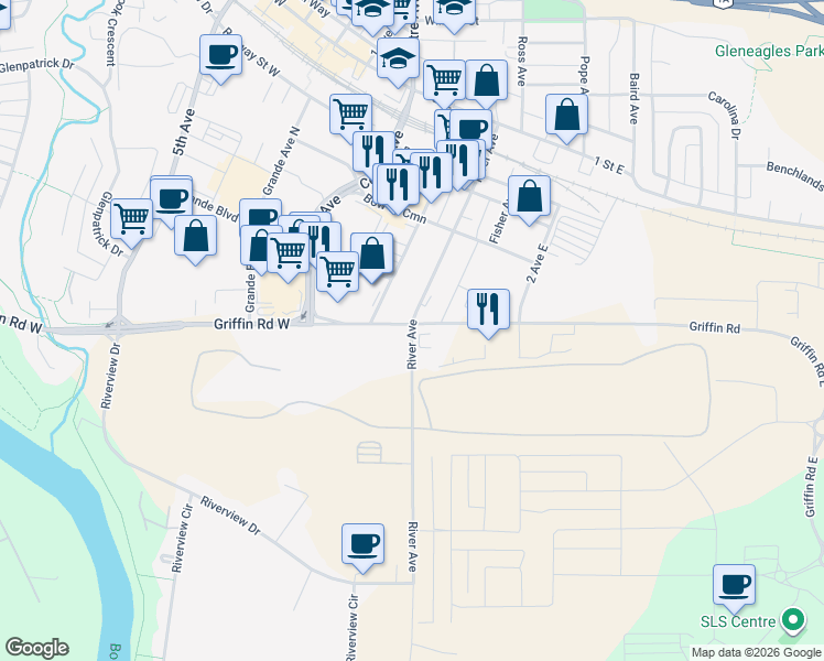 map of restaurants, bars, coffee shops, grocery stores, and more near 410 River Avenue in Cochrane