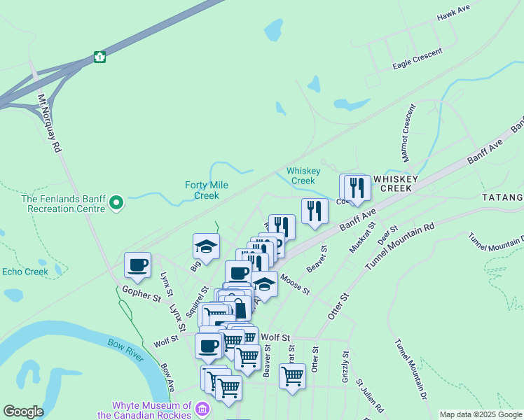 map of restaurants, bars, coffee shops, grocery stores, and more near 9 Rabbit Street in Banff