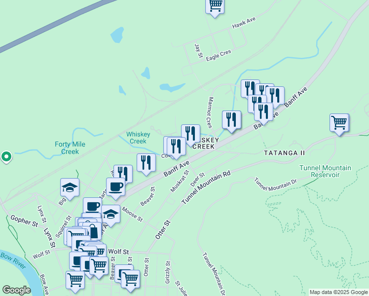 map of restaurants, bars, coffee shops, grocery stores, and more near Cougar Street in Banff