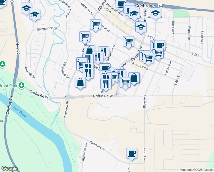 map of restaurants, bars, coffee shops, grocery stores, and more near 3 Quarry Street West in Cochrane