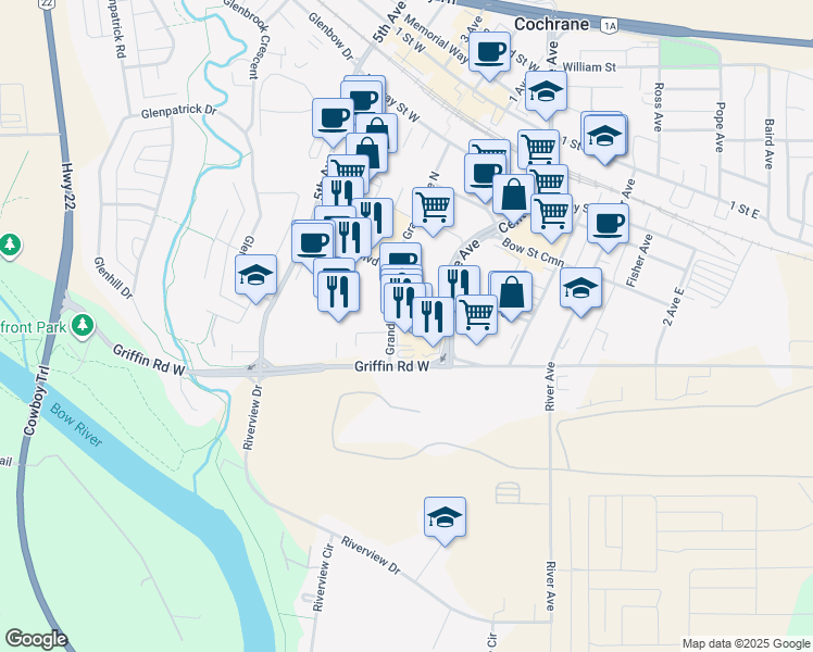 map of restaurants, bars, coffee shops, grocery stores, and more near 3 Quarry Street in Cochrane