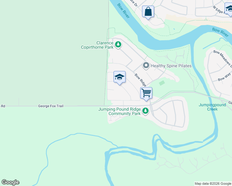 map of restaurants, bars, coffee shops, grocery stores, and more near 15 Bow Ridge Link in Cochrane
