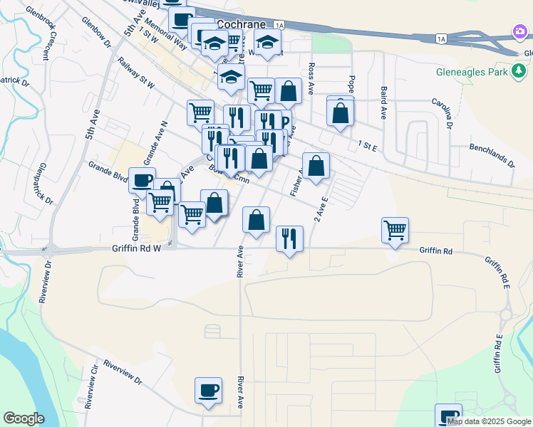 map of restaurants, bars, coffee shops, grocery stores, and more near 220 River Avenue in Cochrane