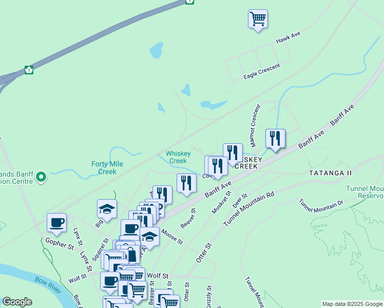 map of restaurants, bars, coffee shops, grocery stores, and more near 53 Whiskey Jack Crescent in Banff