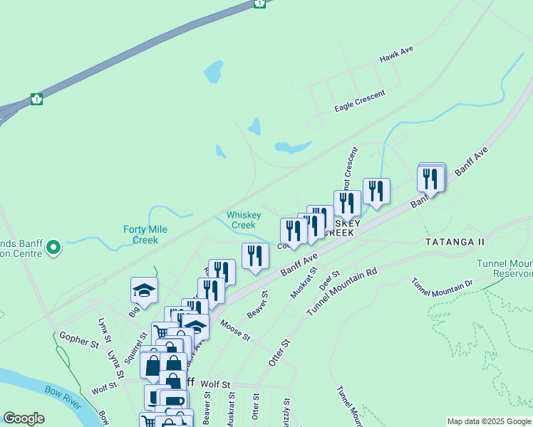 map of restaurants, bars, coffee shops, grocery stores, and more near 53 Whiskey Jack Crescent in Banff