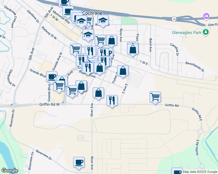 map of restaurants, bars, coffee shops, grocery stores, and more near 220 River Avenue in Cochrane