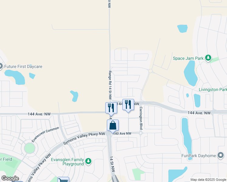 map of restaurants, bars, coffee shops, grocery stores, and more near Range Road 14 in Balzac