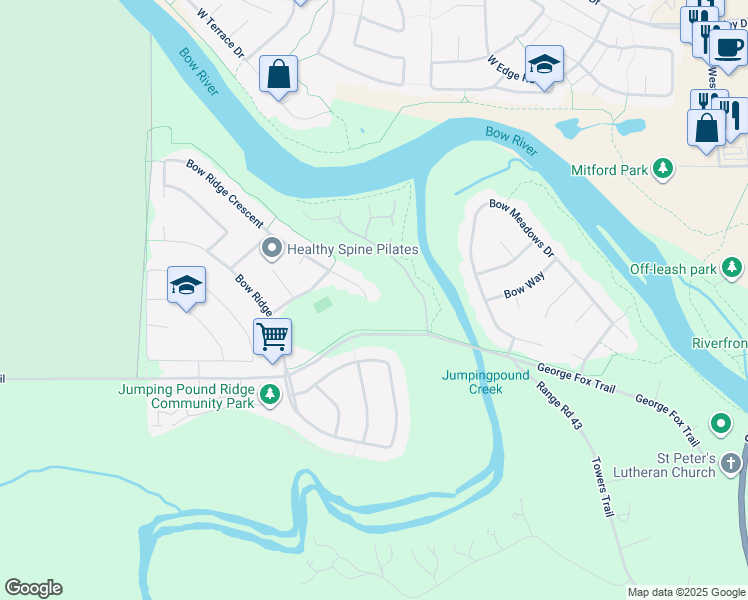 map of restaurants, bars, coffee shops, grocery stores, and more near 220 200 Bow Ridge Court in Cochrane